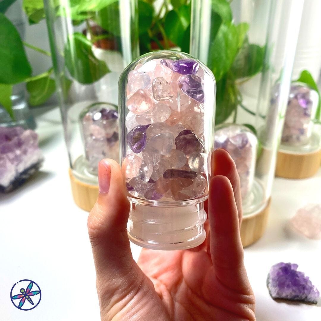 Serenity Crystals Bamboo Bottle with Amethyst, Clear Quartz & Rose Quartz