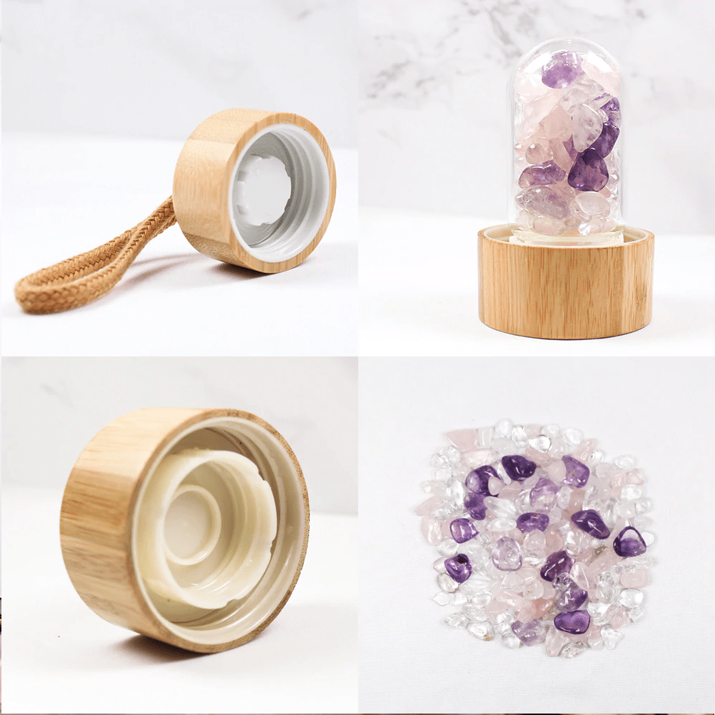 Serenity Crystals Bamboo Bottle with Amethyst, Clear Quartz & Rose Quartz