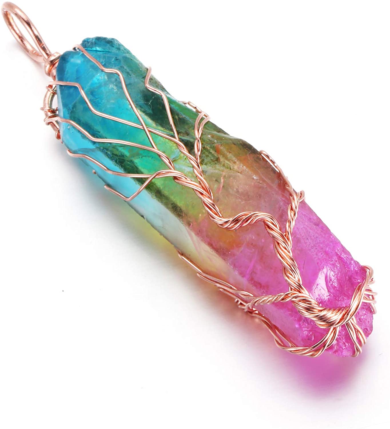 Tree Of Life Wrapped Rainbow Quartz Necklace