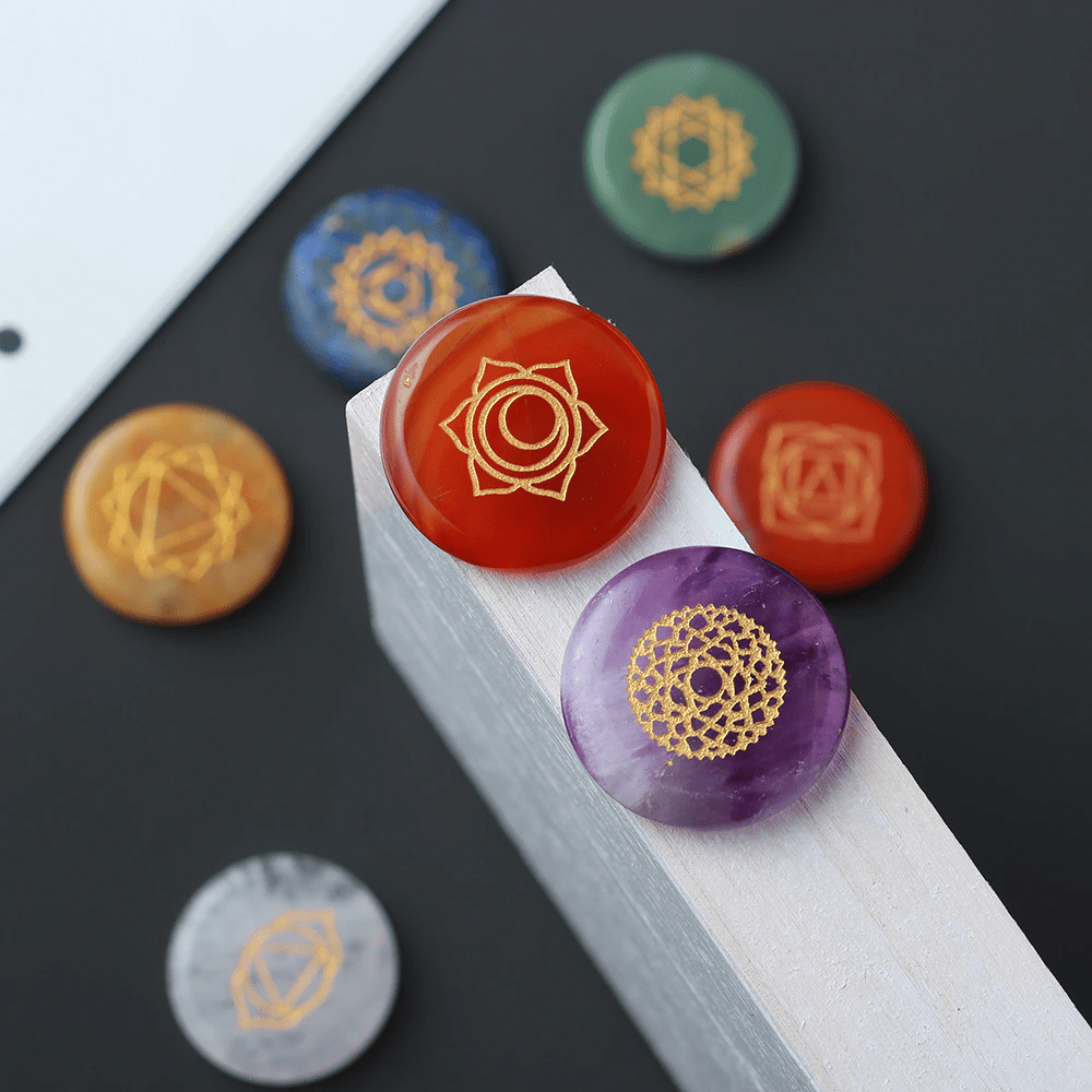 7 Chakra Crystal Set with Engraved Chakra Symbols