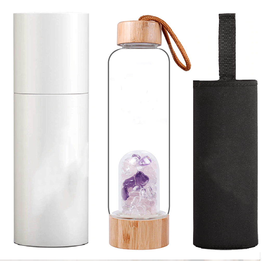 Serenity Crystals Bamboo Bottle with Amethyst, Clear Quartz & Rose Quartz