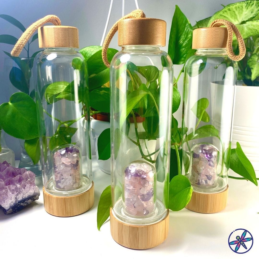 Serenity Crystals Bamboo Bottle with Amethyst, Clear Quartz & Rose Quartz