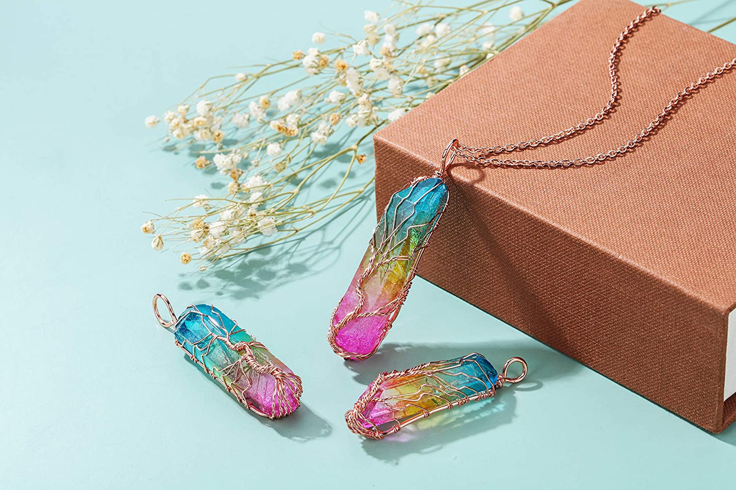 Tree Of Life Wrapped Rainbow Quartz Necklace