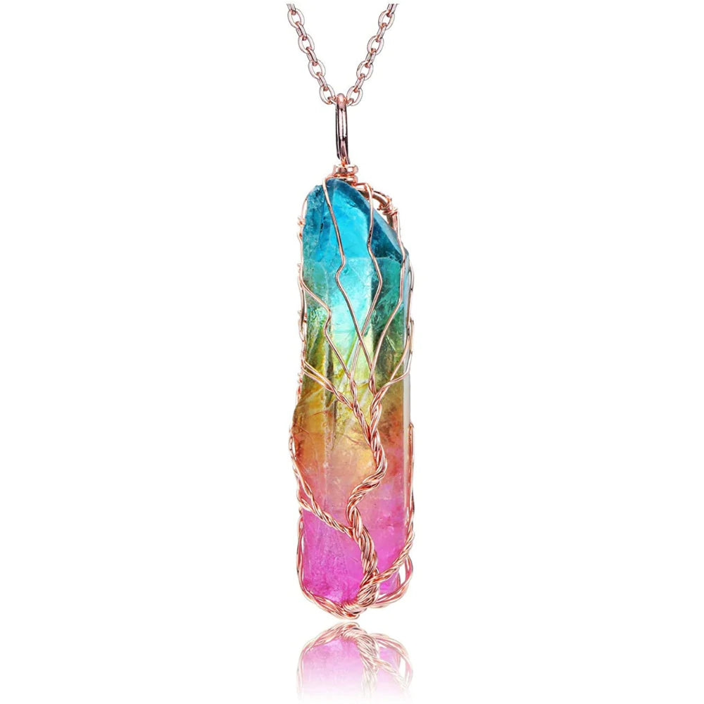 Tree Of Life Wrapped Rainbow Quartz Necklace