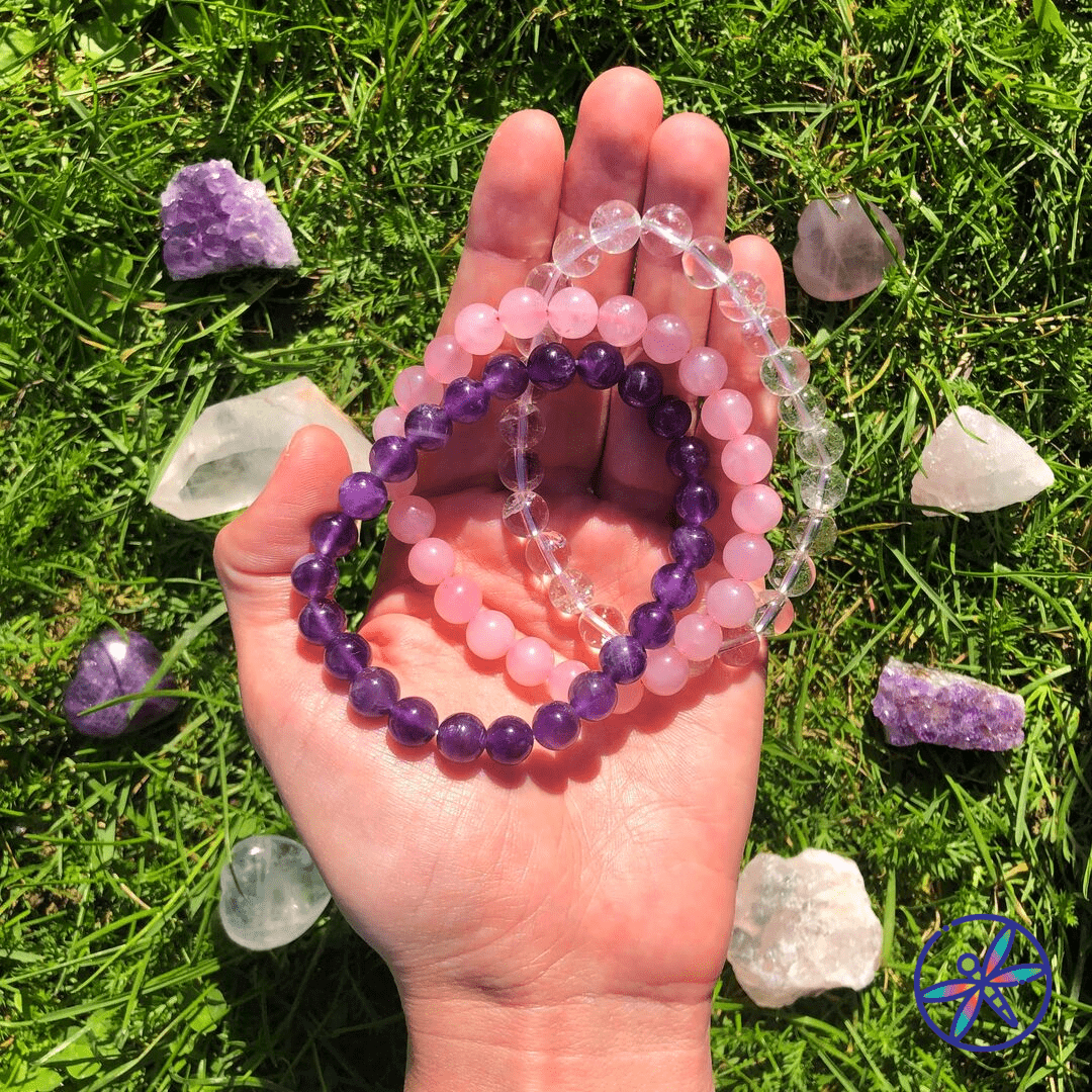 Serenity Crystal Bracelet Set - Amethyst, Rose Quartz, Clear Quartz - 3 bracelets